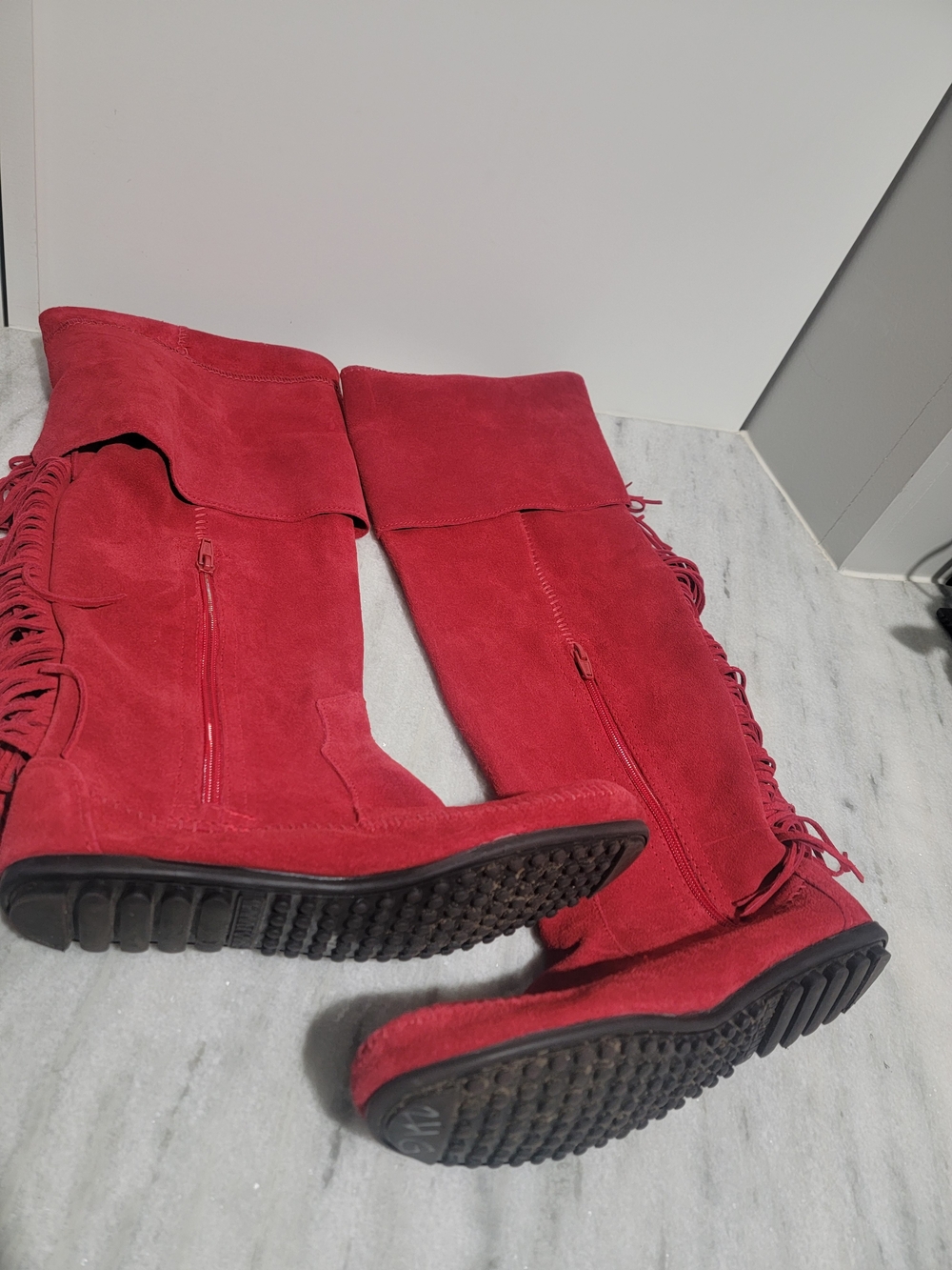 MINNETONKA Red Suede Leather Fringe Knee-High Boots